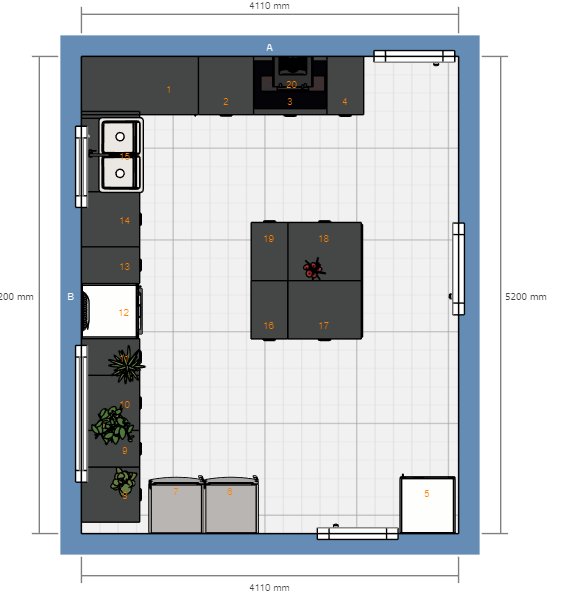 Planritning över ett rum med tre dörrar, möbler och dimensioner angivna.