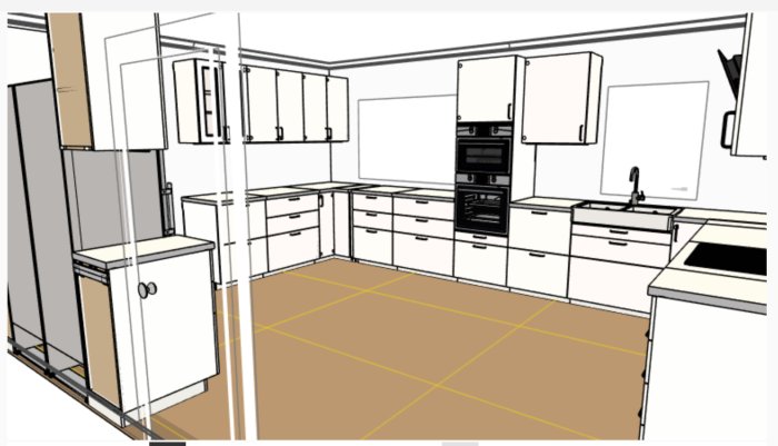 3D-modell av ett kökslayoutförslag med väggskåp, inbyggd ugn, diskho, häll och kyl/frys.