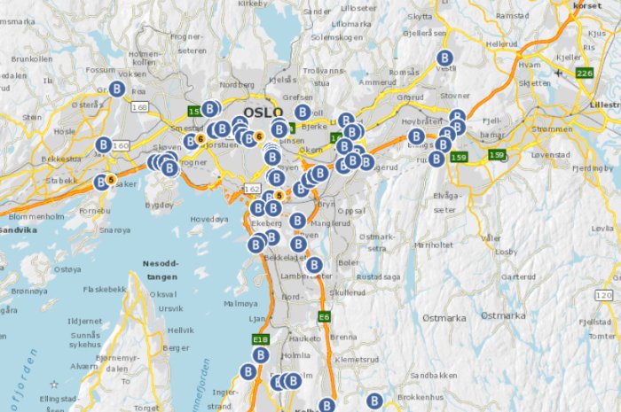 Karta över Oslo med markerade vägtullstationer för system med elektronisk betalning av biltullar.