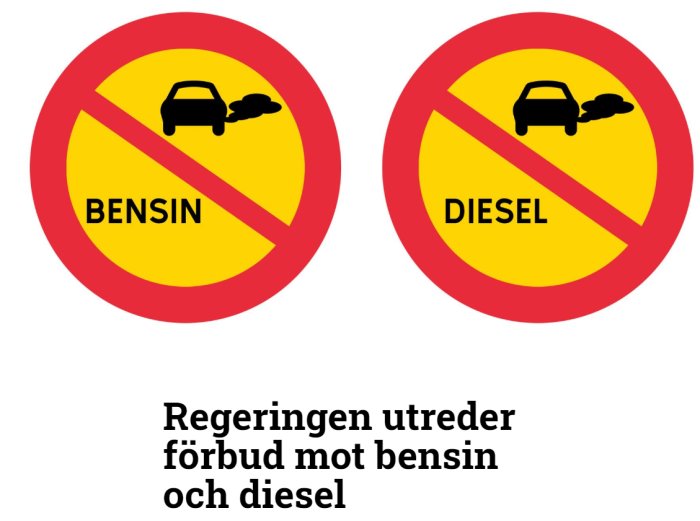 Två förbudsskyltar för bilar märkta "bensin" och "diesel".