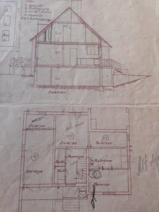 Punaisella piirretty talon poikkileikkaus- ja pohjapiirros vuodelta 1954, esittää huonejakoa ja seinien paksuutta.