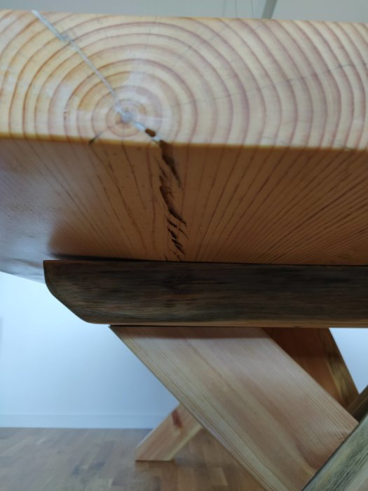 Spricka på undersidan av ett träbord, ca 0.5 cm bred och 20 cm lång, med synlig träådring.