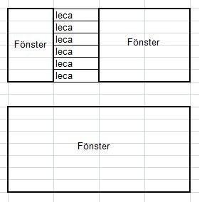 Diagram showing two window frames. The upper frame has a vertical stack of "leca" blocks dividing two windows, while the lower is a single, larger window.