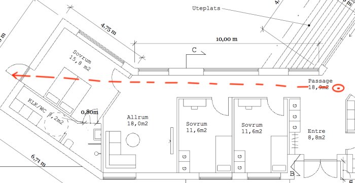 Ritning av husplanlösning som visar sovrum, allrum och passage med siktlinje genom huset.