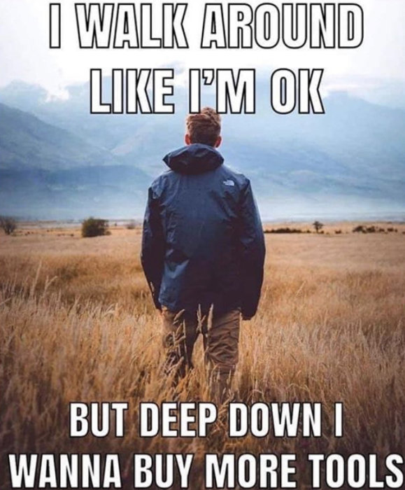 Person bakifrån i natur med texten "I walk around like I'm OK but deep down I wanna buy more tools".
