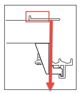 Schematisk illustration av skjutdörrsmekanism med integrerat hjulbeslag och monterad skena.