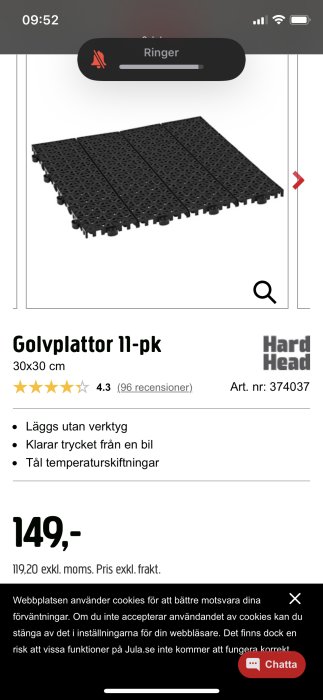 Svarta golvplattor med pusselbitsskarvar för halkskydd, 11-pack, visas på en onlinebutikssida.