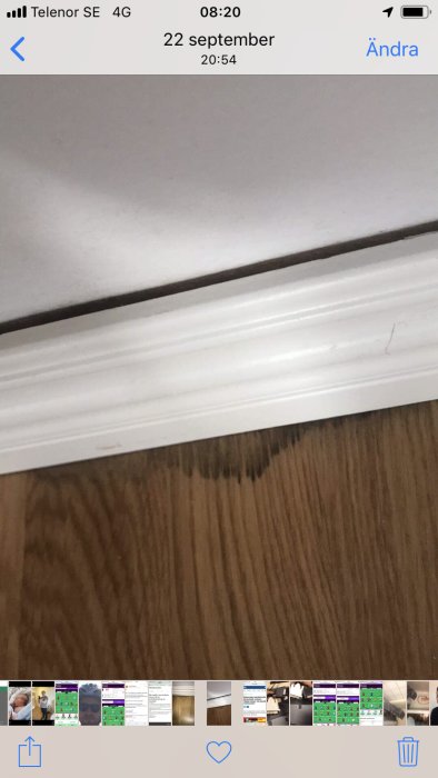 Fuktmärken på trägolv under vit golvlist indikerar vattenskada.