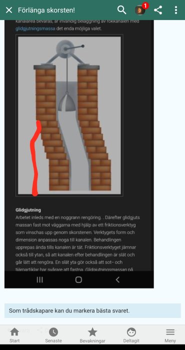 Illustration av skorsten med markerad del för murning och befintlig balk över.