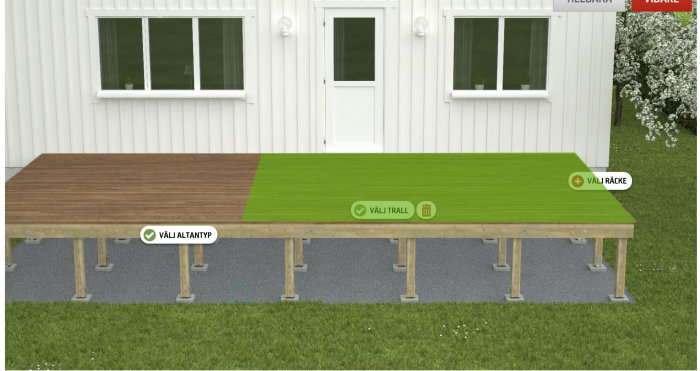 Skiss av planerat uterum på befintlig trall, med markering i grönt där uterummet ska placeras.