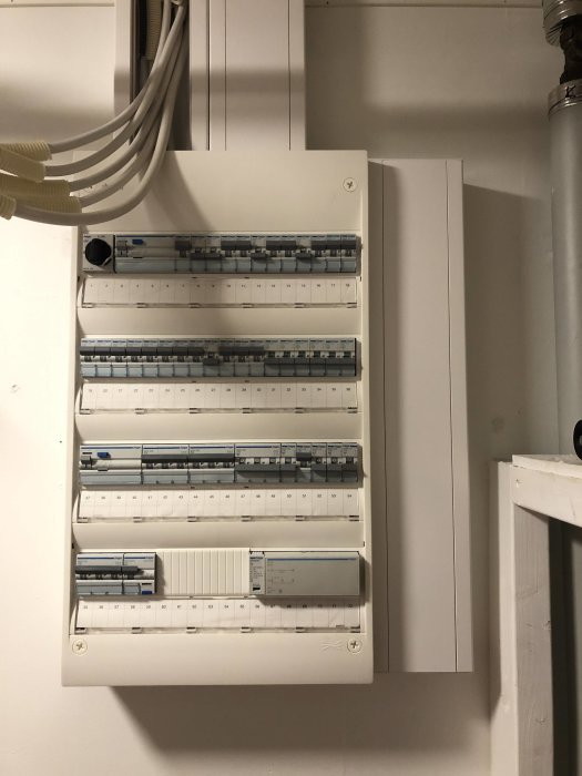Elcentral med rader av säkerhetsbrytare och en kanal som döljer kablar, monterad på en vit vägg.