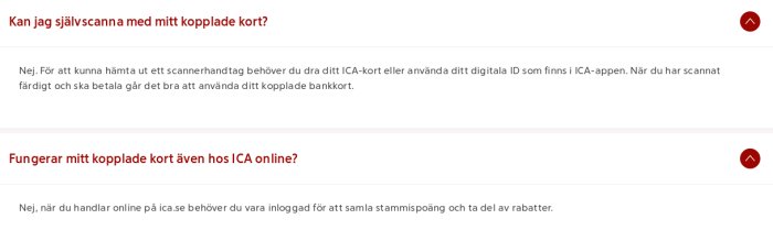 Skärmdump av en FAQ-sektion på en hemsida med frågor och svar om användning av kopplat kort för självscanning och onlineköp.