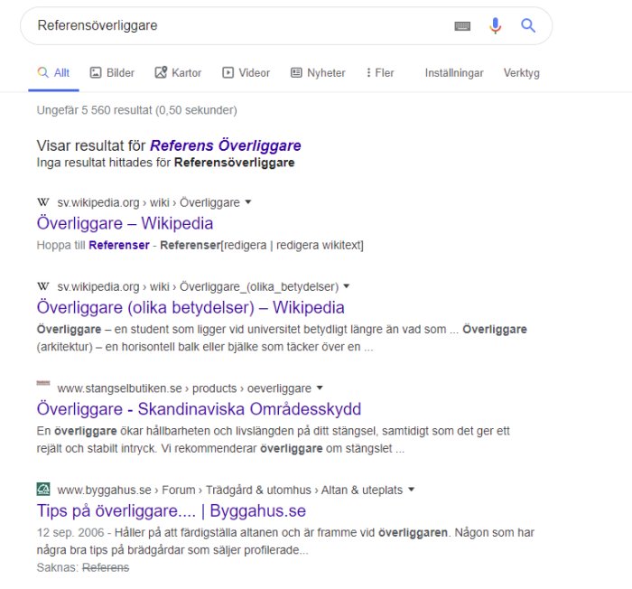 Skärmdump av sökresultat för "Överliggare" med Wikipedia- och byggforumsidor.