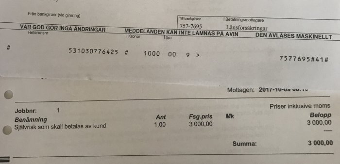 Faktura med post "Självrisk som ska betalas av kund", summa 3000 kr, datum och referensnummer.