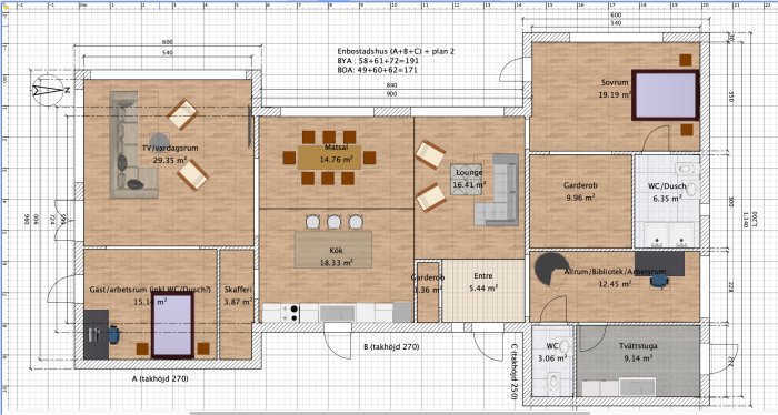 Arkitektskiss av ett H-formad hus planlösning, med benämnda rum och mått inklusive vardagsrum, kök och sovrum.