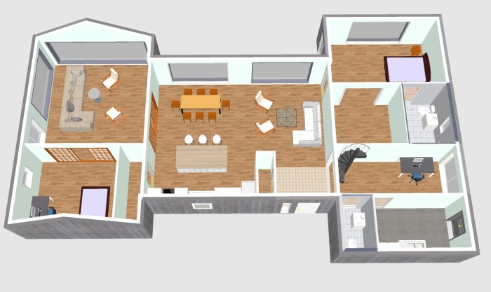 3D-skiss av ett H-format hus med översikt av inredningen, inklusive möblering och rumsindelning.