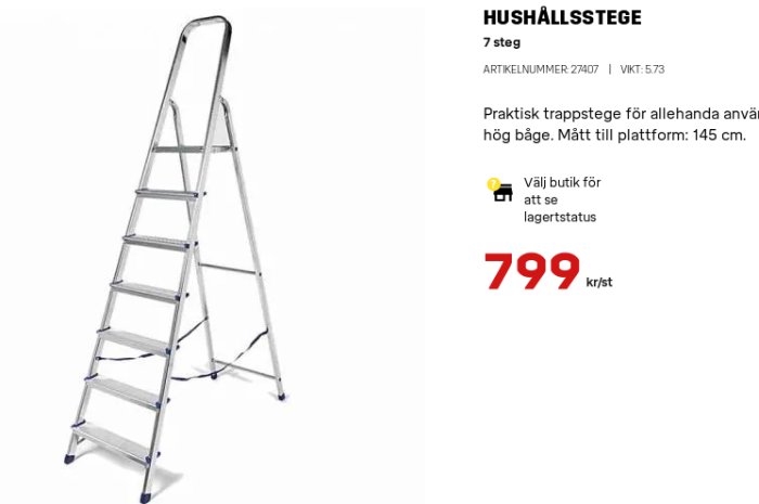 Hushållsstege med 7 steg, prisinformation och artikelnummer, stående på vit bakgrund.