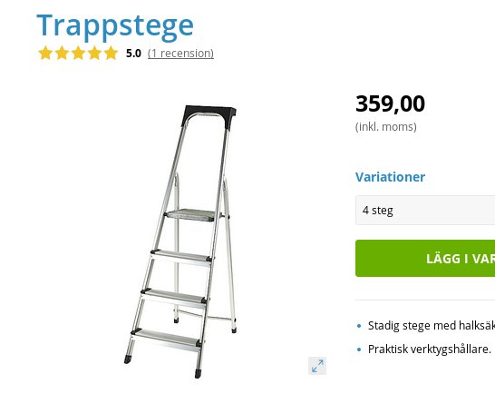 Fyra-stegs metalltrappstege med verktygshylla, betygsatt 5 stjärnor, prissatt till 359 kr.