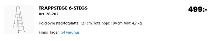 En sexstegs metalltrappstege med specifikationer och prisangivelse, tillgänglig i varuhus.