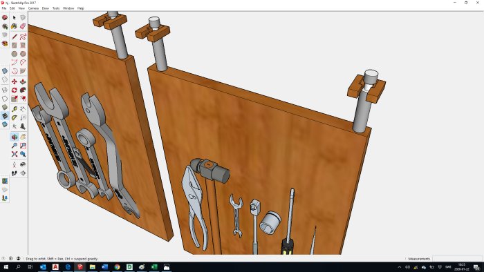 3D-modell i SketchUp av verktygstavla med tänger, skiftnycklar och hammare.