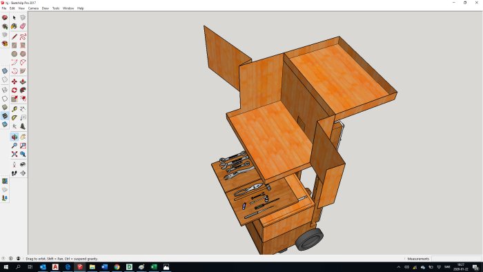 3D-modell av en verktygsvagn med öppna lådor och verktyg i SketchUp.