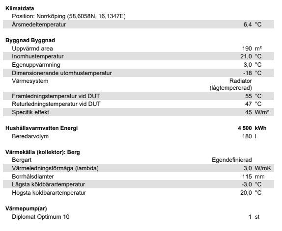 Energiberäkningstabell för Thermia Diplomat Optimum 10 värmepump med klimat- och byggnadsdata.