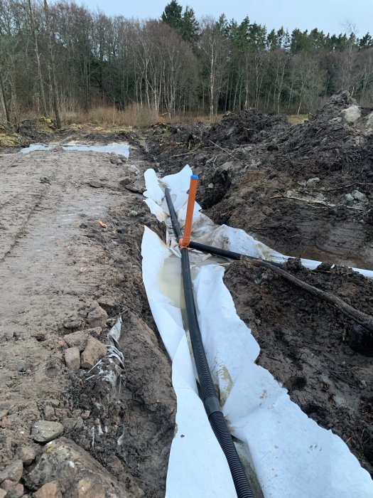 Dräneringsrör och markduk i ett nygrävt dike längs en väg på en byggarbetsplats.