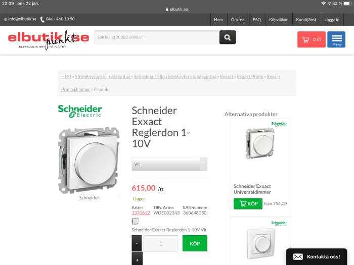 Schneider Exxact 1-10V reglerdon för belysningsdimring på en webbutikssida.