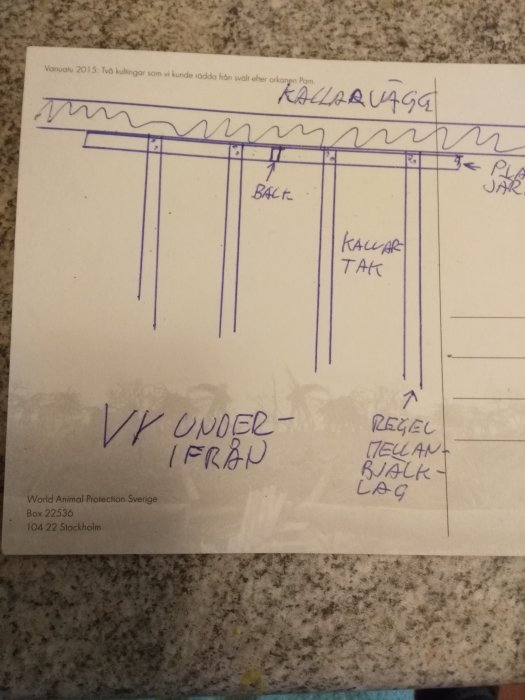 Handritad skiss som visar förstärkning av en vägg med balk och plattjärn.