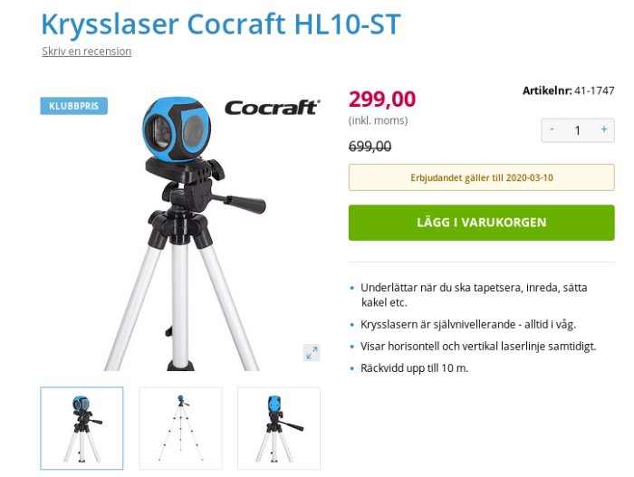 Krysslaser Cocraft HL10-ST på stativ med självnivellering, klubberbjudande pris och funktioner listade.