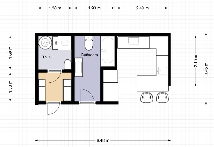 Planritning av en lägenhet med dimensioner, visar en tvättmaskin, arbetsbänk, tvättställ, badrum och kök.