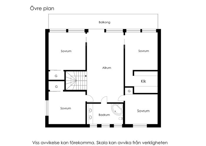 Svartvit planritning av en lyxig villa med fem sovrum, badrum, allrum och balkong.