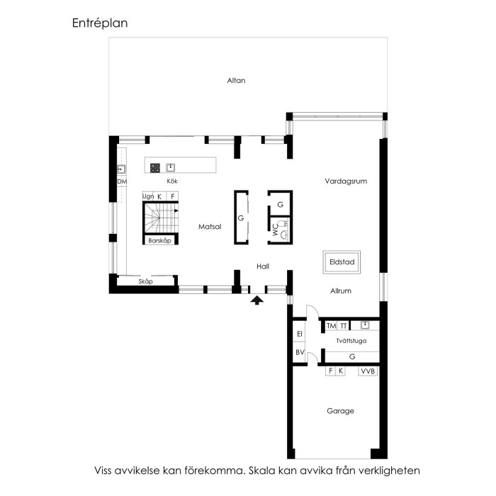 Svartvit ritning av entréplanen för en lyxig villa, med benämningar på rum som kök, vardagsrum och garage.