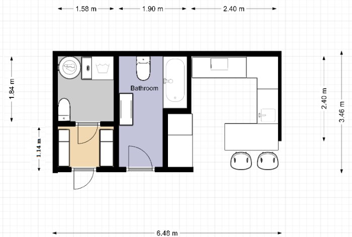 Planritning av ett utökat badrum med plats för tvätt och tork utrymme, inkluderat mått.