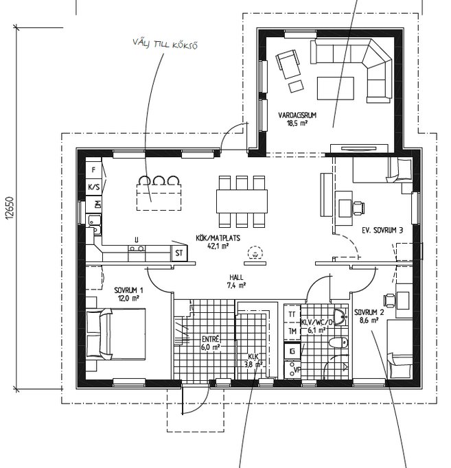 Planritning av en bostad med markerat tvätt/toa-utrymme, kök, vardagsrum och sovrum, samt måttangivelser.