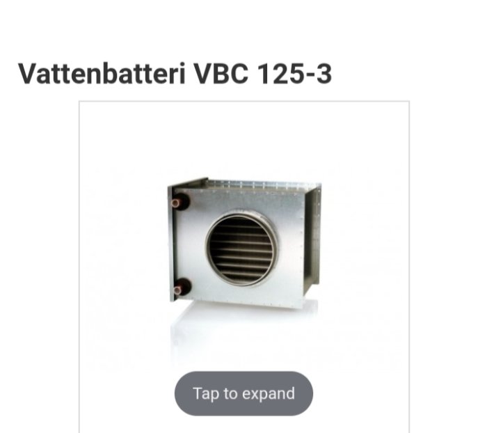 Vattenbatteri VBC 125-3 med tre rader rör för användning i FTX-system.