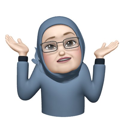 Memoji av kvinna med hijab och glasögon som gestikulerar osäkerhet med upplyfta händer.