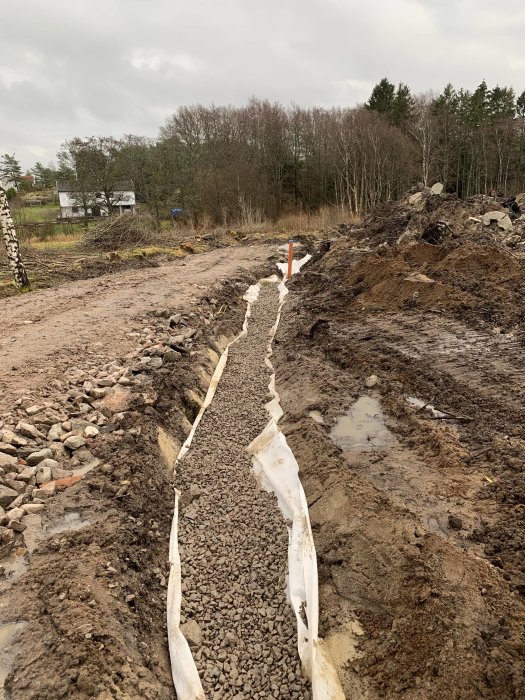 Byggarbetsplats med makadamgång parallellt bredvid en grävd slinga i jord med vit geomembranväv.