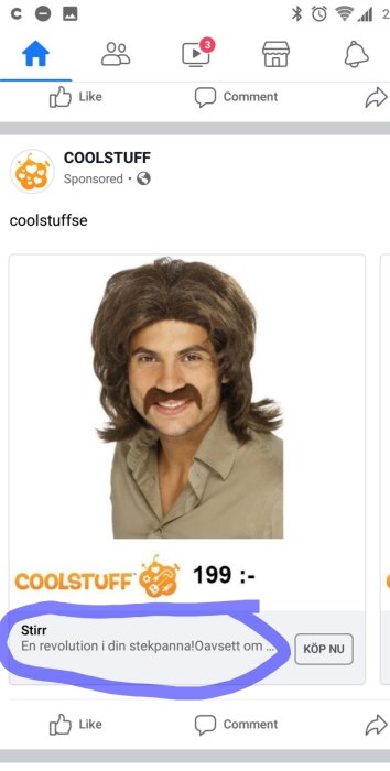 Person med brun peruk och falskt mustasch marknadsför en produkt i en reklam på sociala medier.