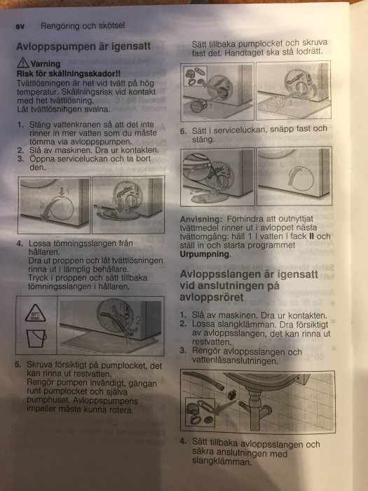 Instruktionsmanual för rengöring av avloppspump med skisser för de olika stegen.