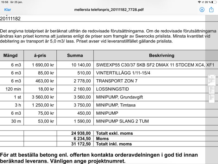 Skärmavbild av en betongoffert med specifikationer och priser för olika komponenter och tjänster.