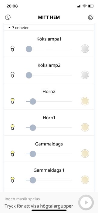 Skärmdump av en app för hemautomation som visar separata kontroller för två kökslampor, betecknade Kökslampa1 och Kökslampa2.