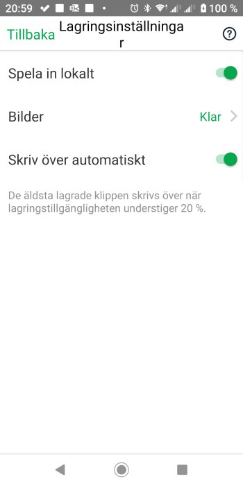 Skärmdump av lagringsinställningar på en enhet med alternativet "Skriv över automatiskt" aktiverat.