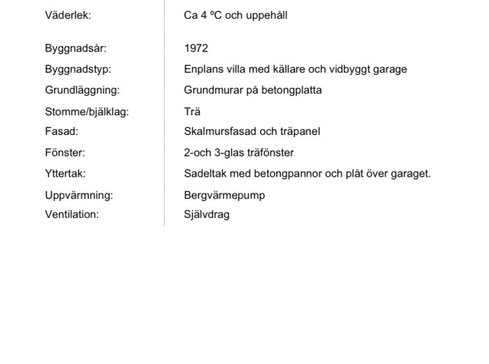 Besiktningsprotokoll för enplansvilla byggd 1972 med detaljer om isolering, uppvärmning och byggnadsmaterial.