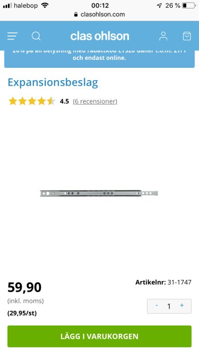 Expansionsbeslag på produktbild från Clas Ohlson webbsida, sida med 4.5 stjärnor och köpalternativ.