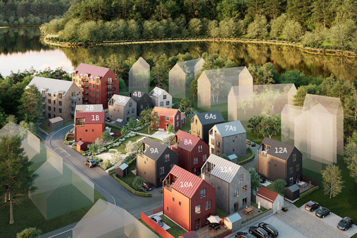 Illustration av en ny bostadsutveckling med flerfamiljshus och radhus nära en sjö och omgivande natur.