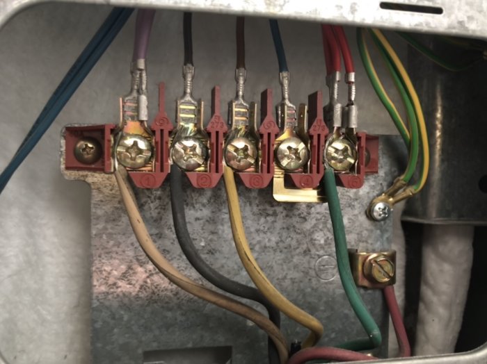 Elanslutningar och färgkodade kablar i en 400v perilex kontakt för spishäll.