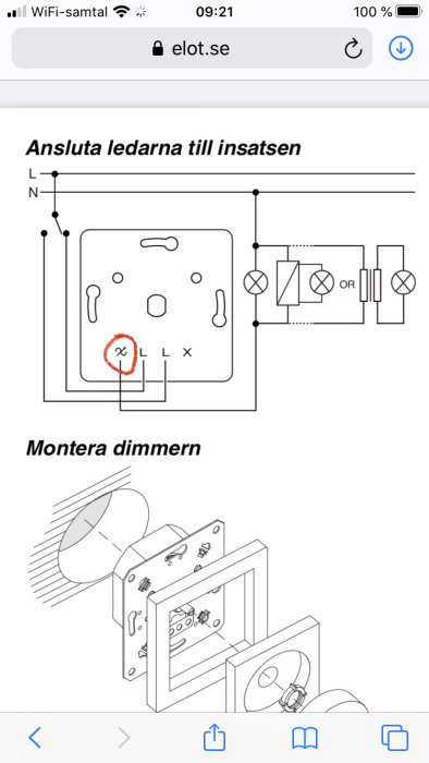 Schematisk illustration av hur man kopplar en dimmer med en 1-polig trappbrytare.