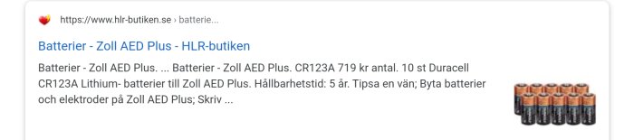 Skärmdump av en webblänk till HLR-butiken som visar Duracell CR123A-batterier för Zoll AED Plus.