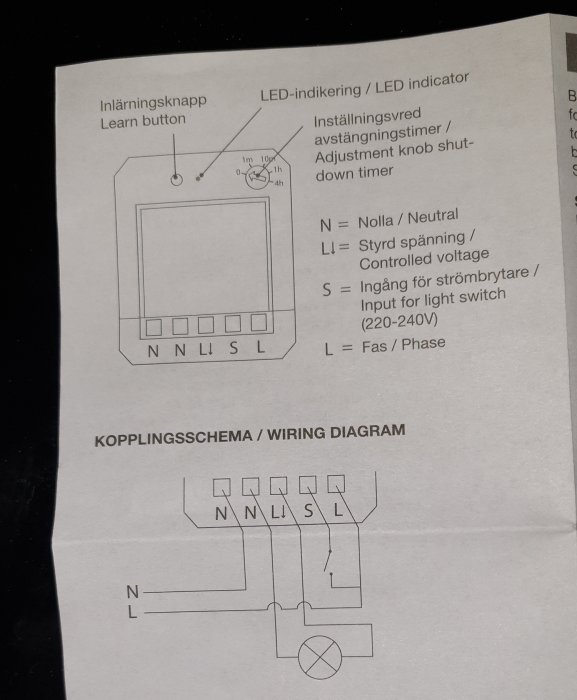 Kopplingsschema för dosrelä nexa mwmr-2300 med beteckningar och inställningsknappar.